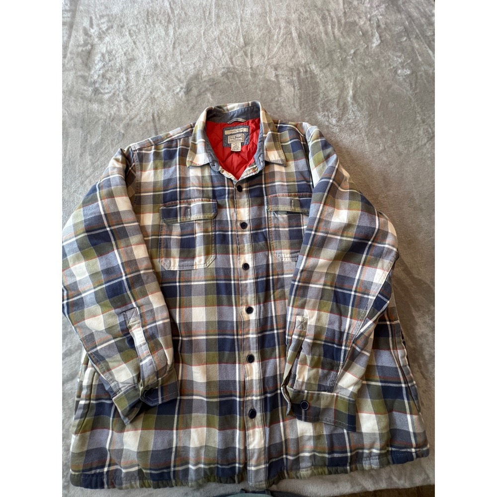 LL Bean Flannel Shirt Jacket Mens XXL Multicolor Plaid Quilted Primaloft Lined